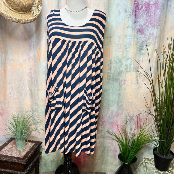📌bpc Striped Empire Waist Casual Hip-friendly A-Line Dress w/ Patch Pockets - Picture 1 of 14